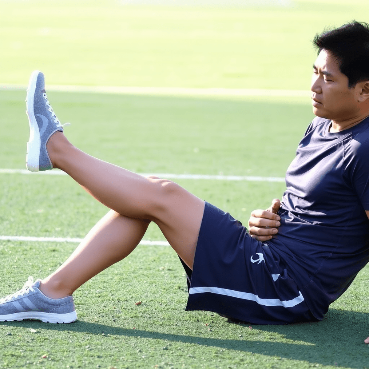 A person sitting on the ground with one leg extended, holding their calf in pain, surrounded by a grassy field or sports court, conveying discomfort.