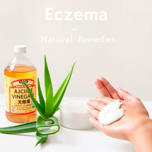 A serene setting with apple cider vinegar, aloe vera plants, and a gentle hand applying lotion to dry skin, creating a calming atmosphere of relief and comfort.