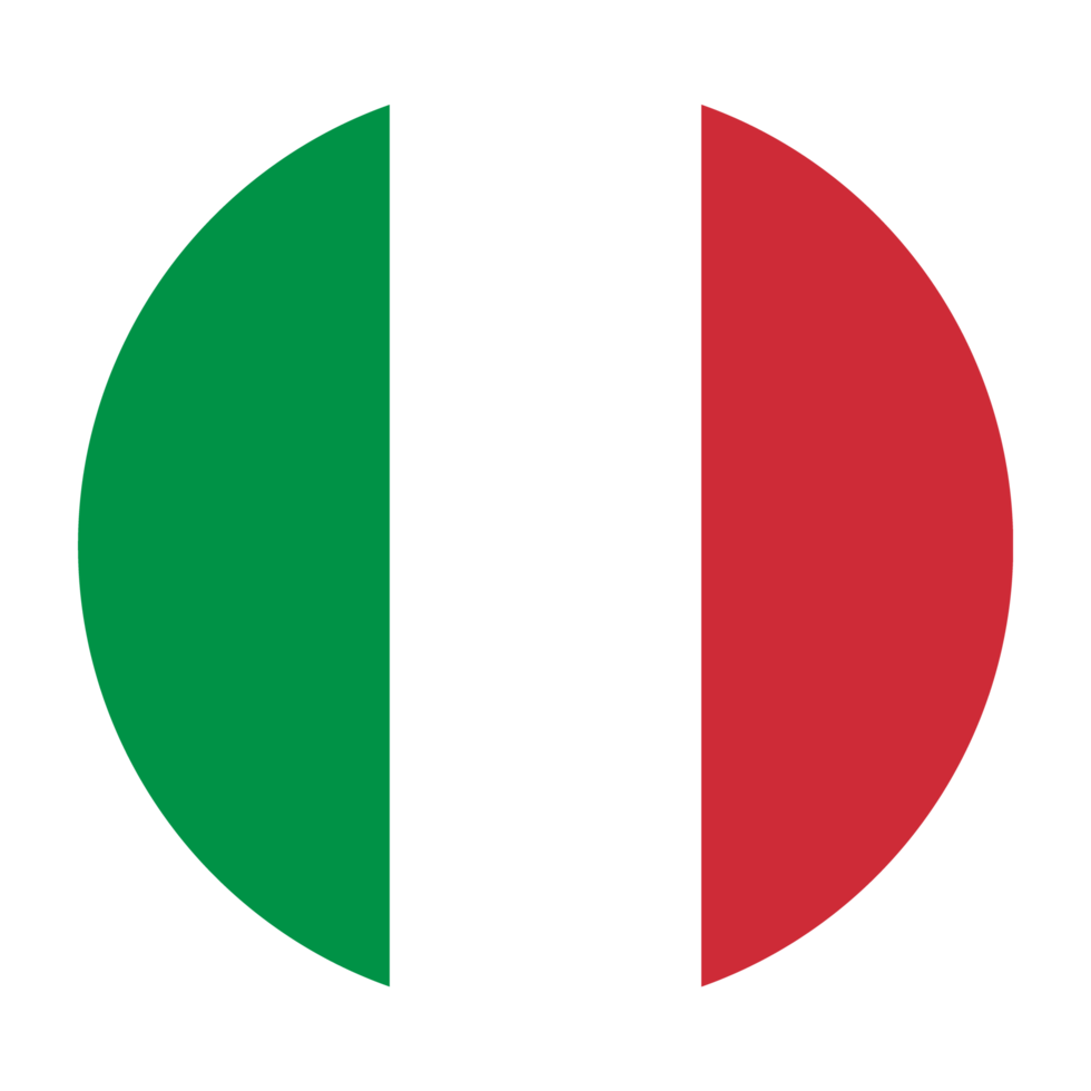 The image shows the flag of Italy, featuring three vertical stripes of green, white, and red from left to right. The flag is cropped into a circular shape.